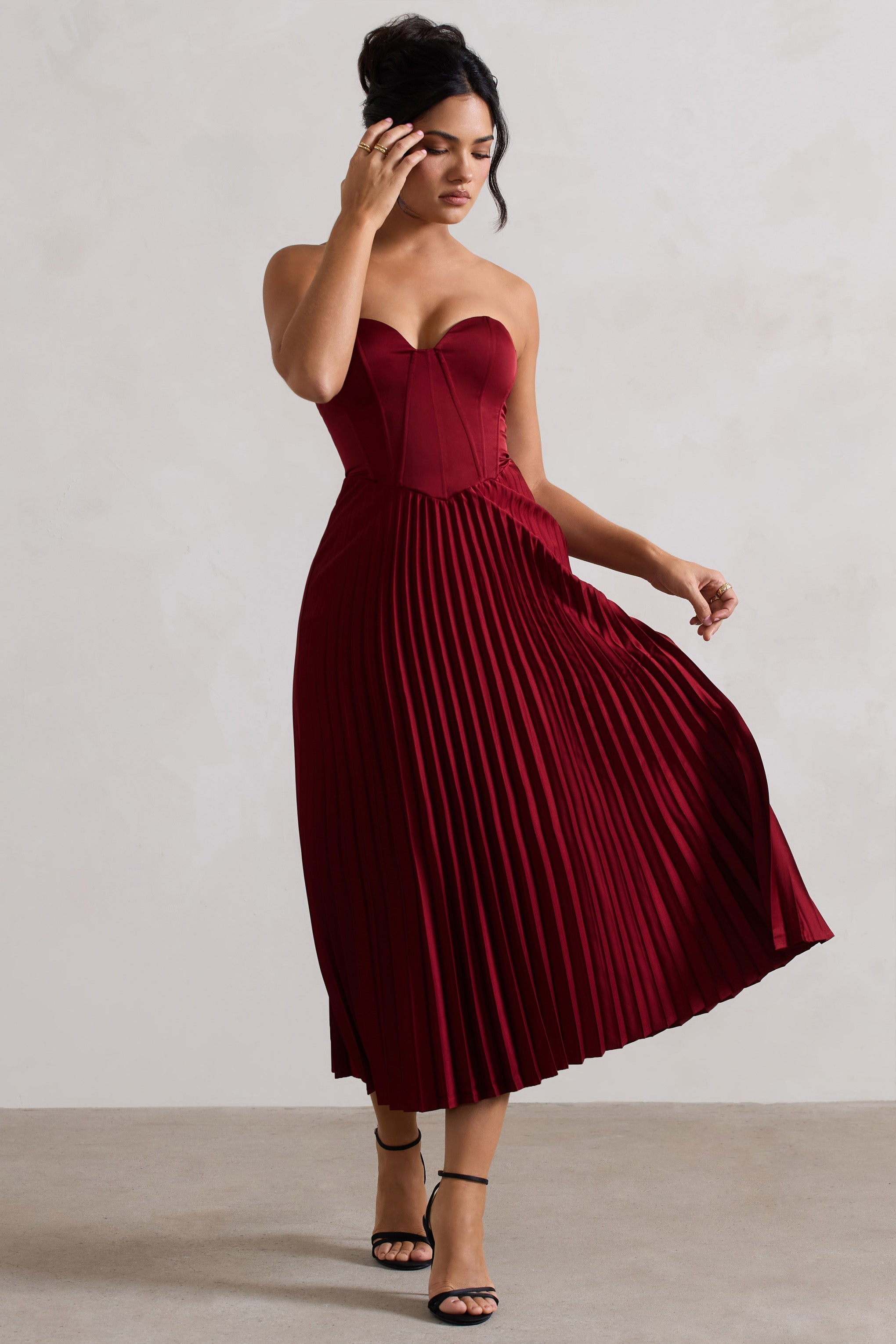 Bordeaux Berry Satin Corset Style Midi Dress
