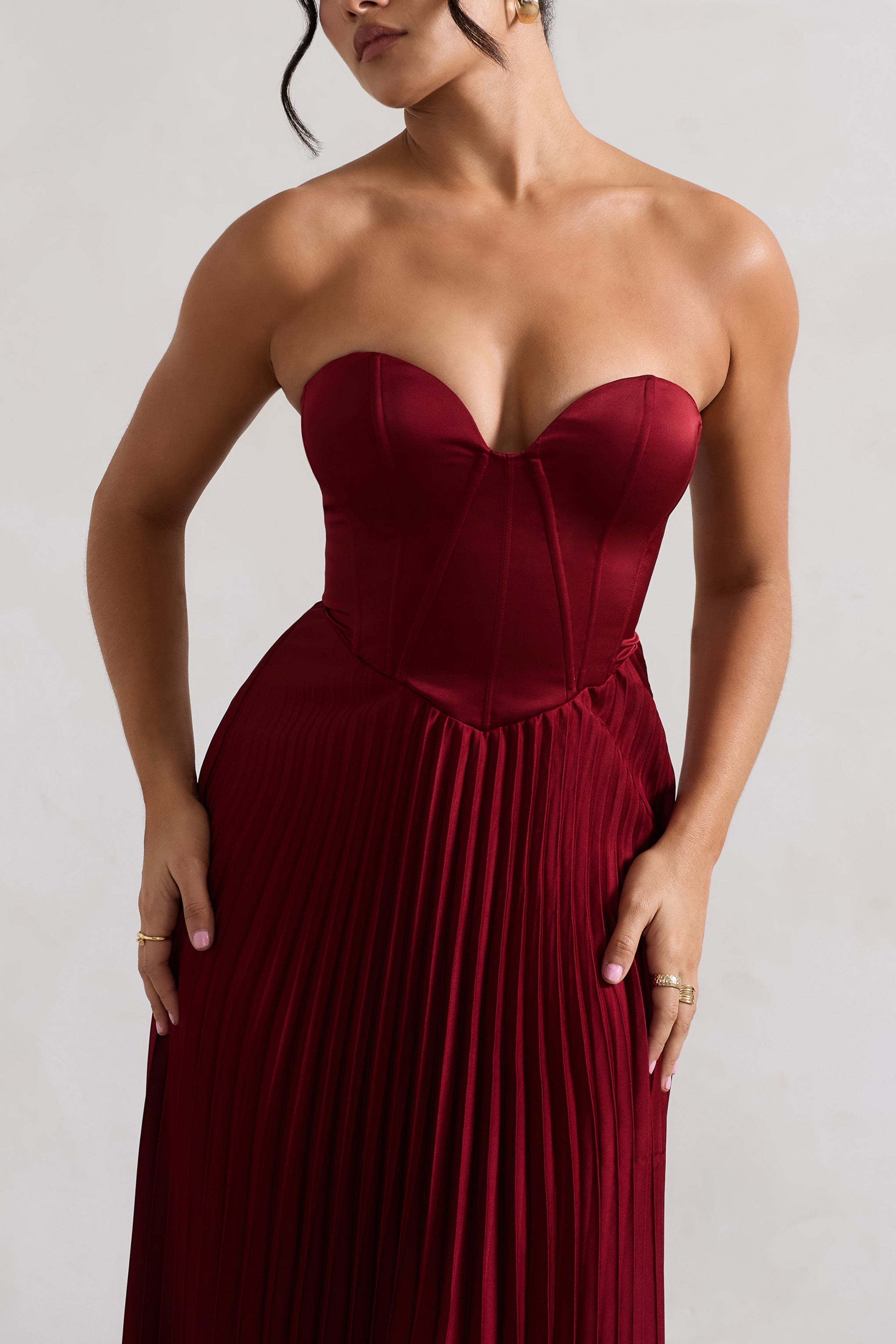 Bordeaux Berry Satin Corset Style Midi Dress