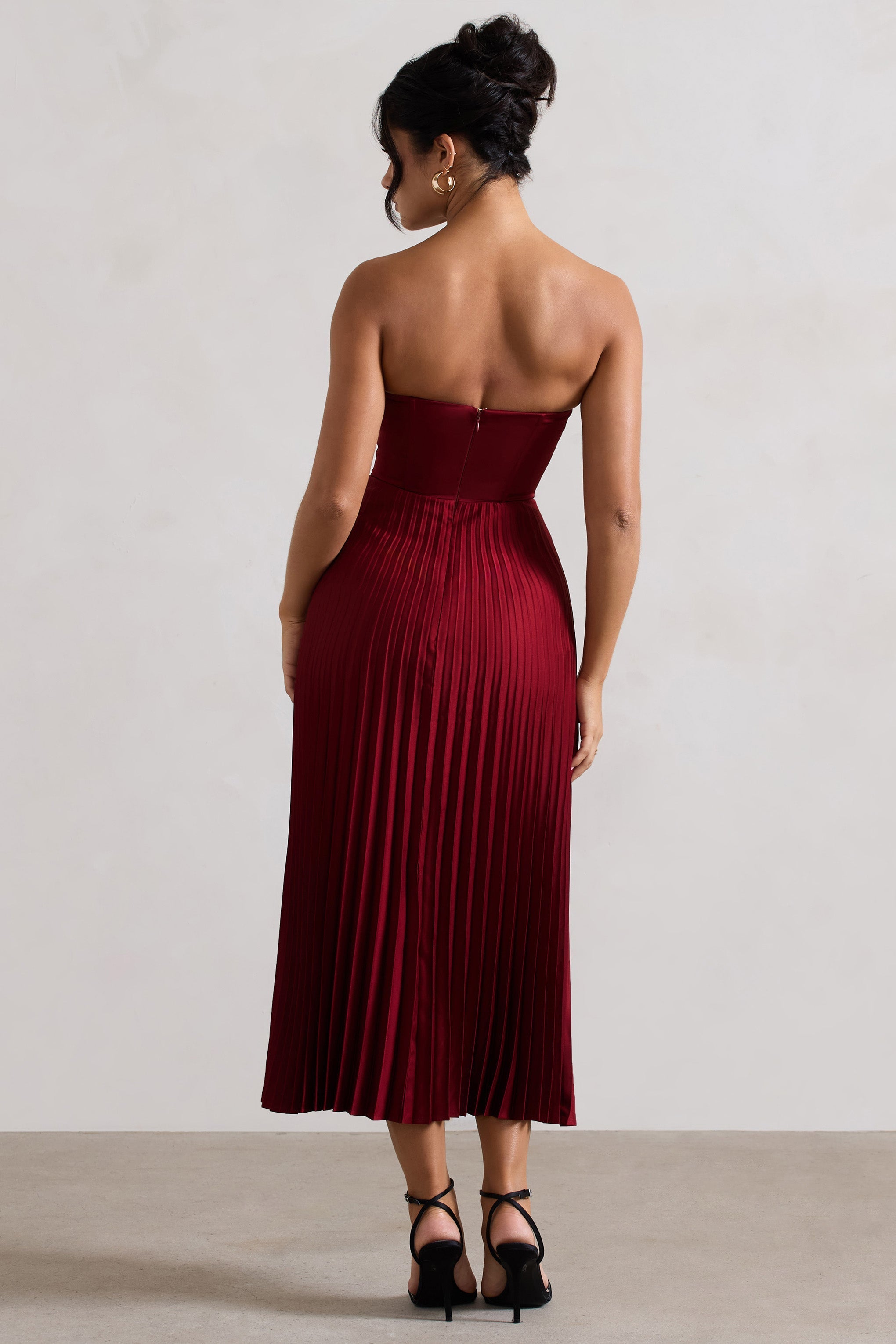 Bordeaux Berry Satin Corset Style Midi Dress