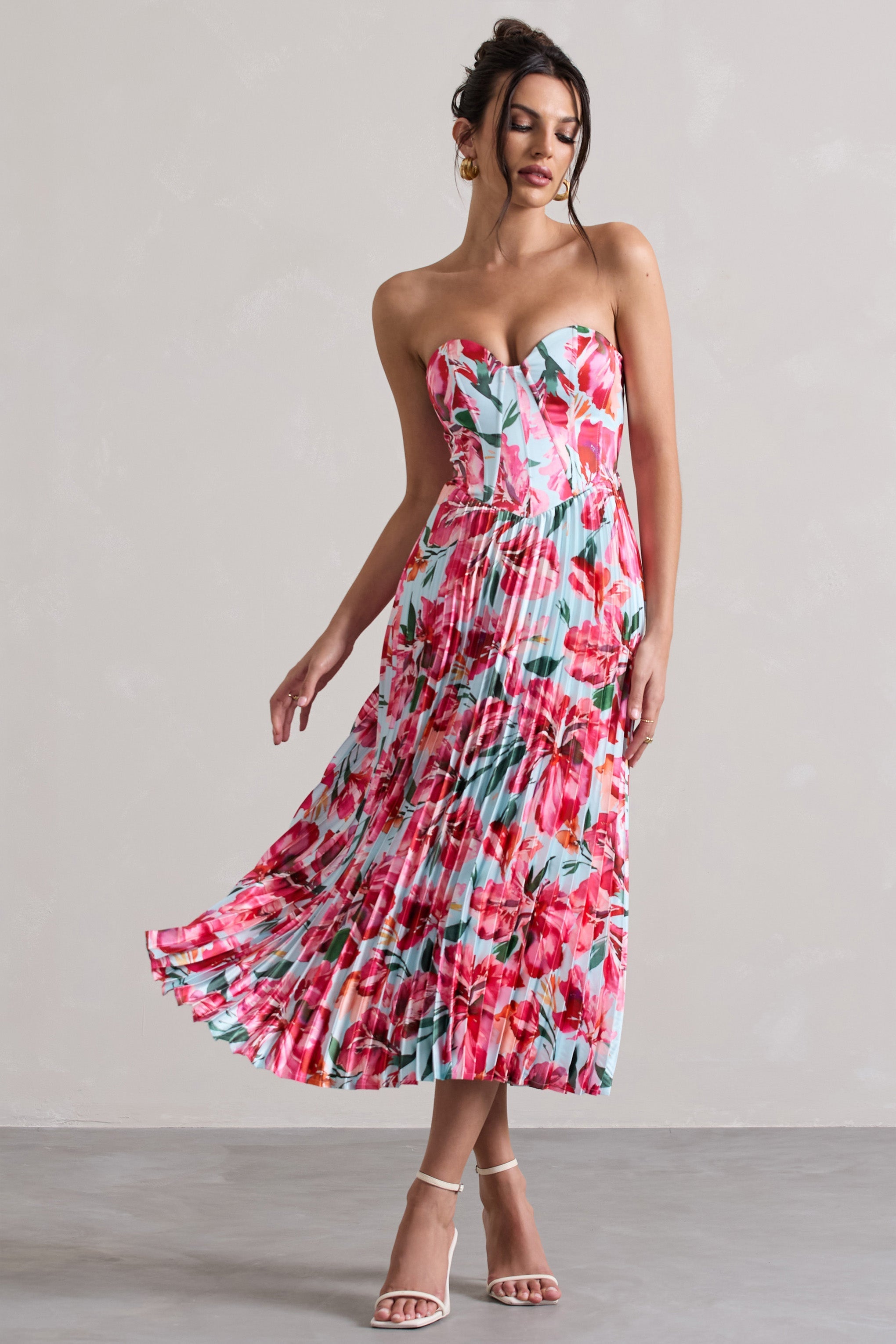 Bordeaux Mint Floral Print Satin Corset Style Midi Dress