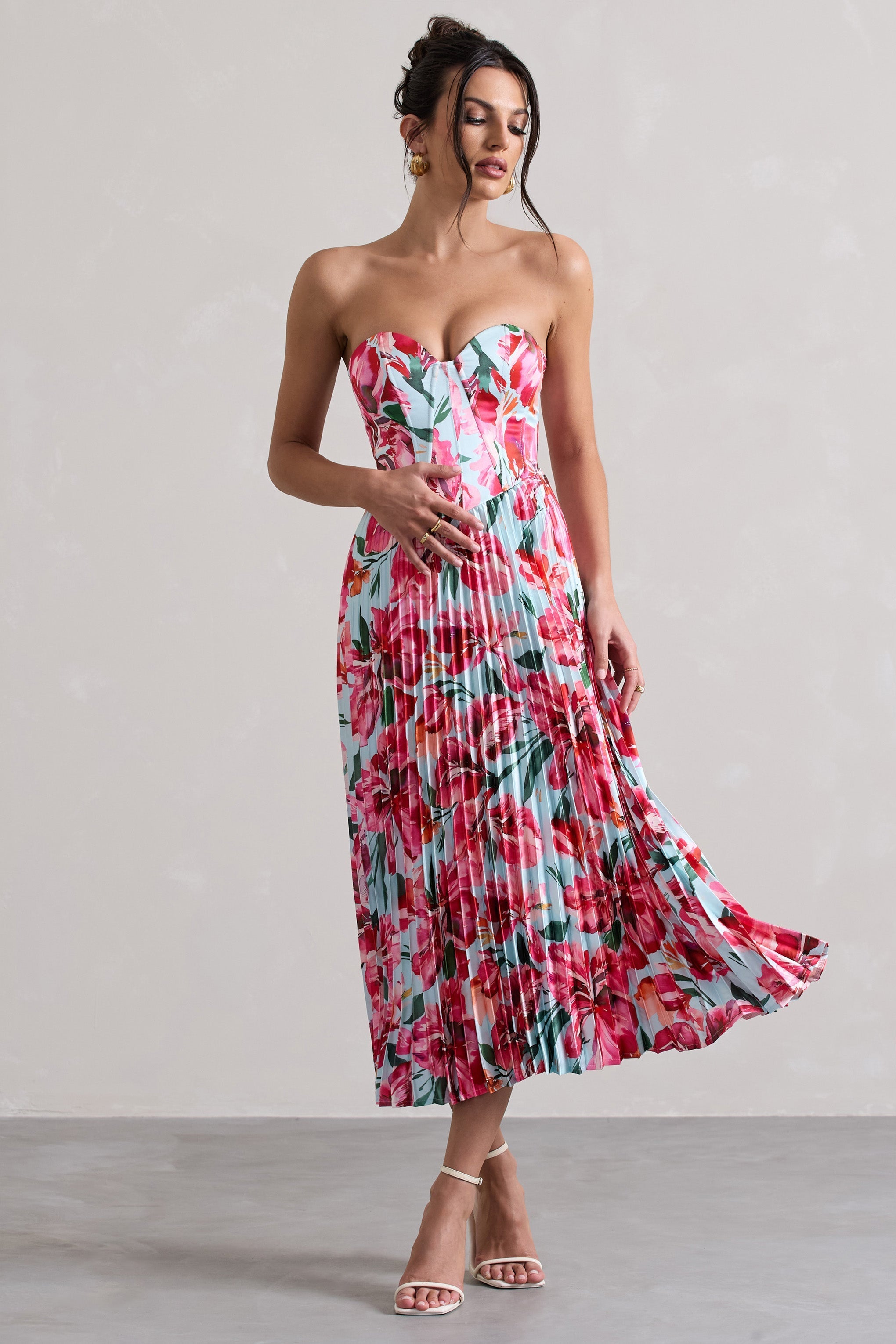 Bordeaux Mint Floral Print Satin Corset Style Midi Dress
