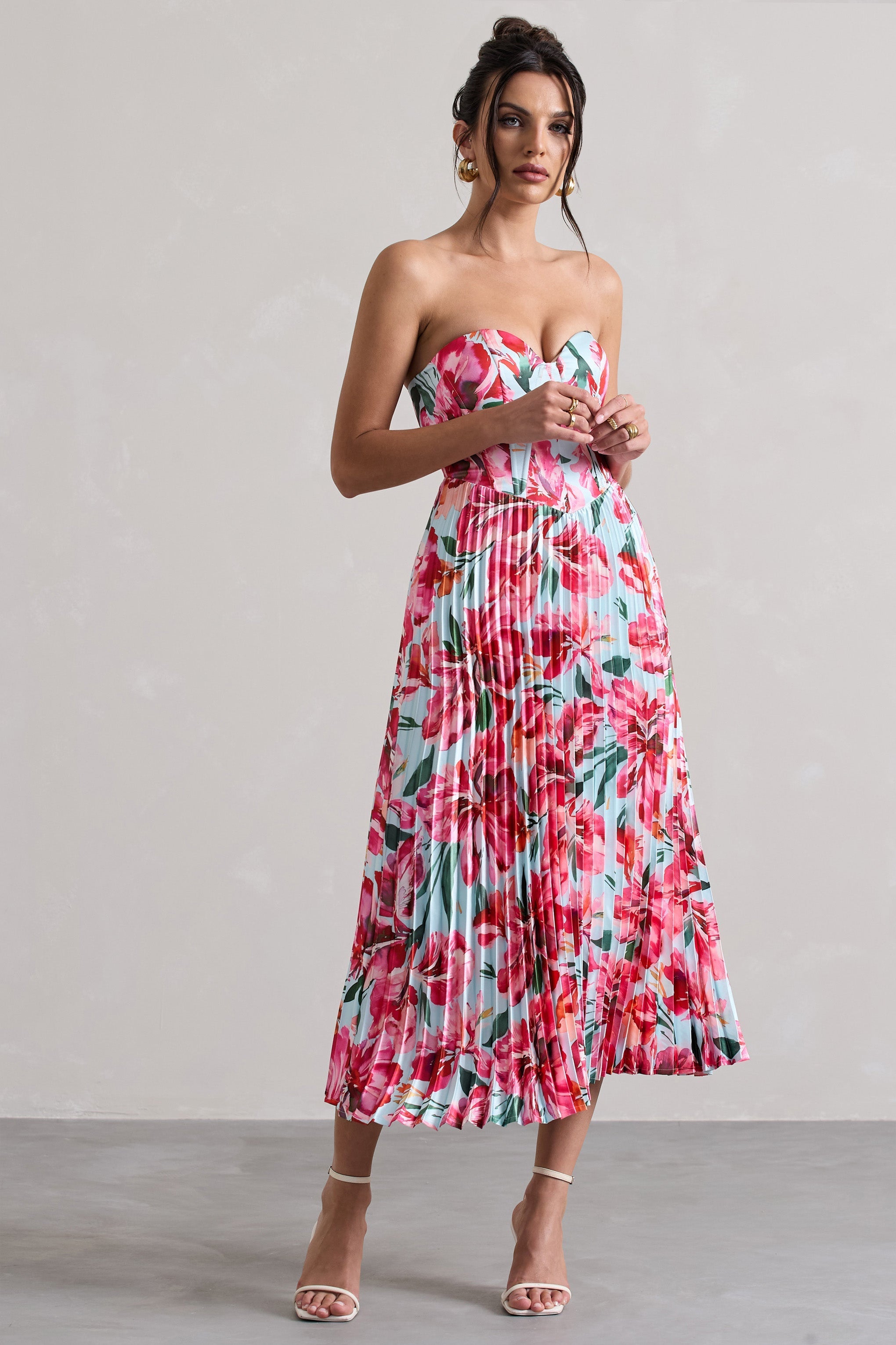 Bordeaux Mint Floral Print Satin Corset Style Midi Dress