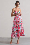 Bordeaux Mint Floral Print Satin Corset Style Midi Dress