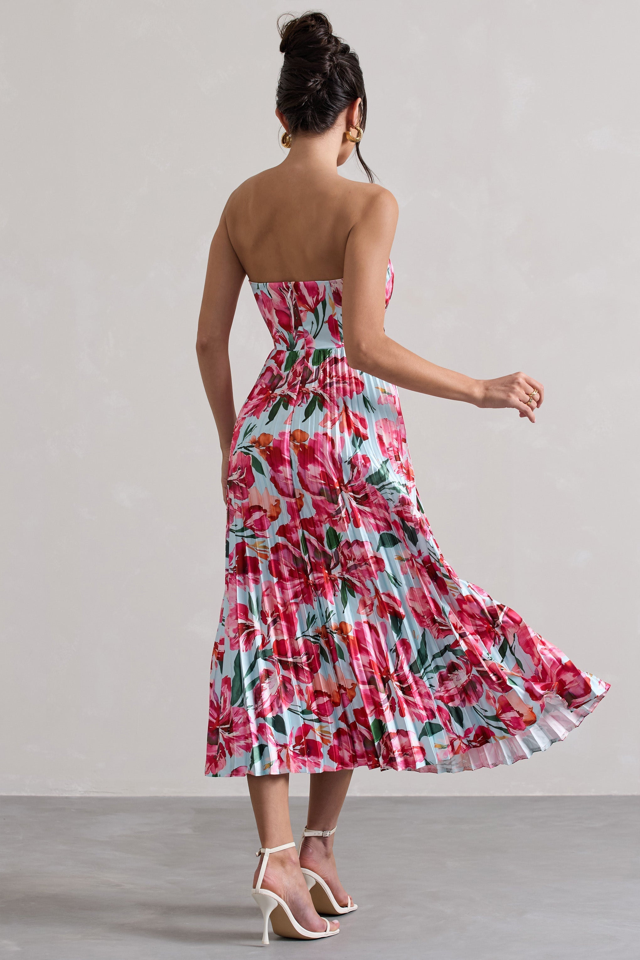 Bordeaux Mint Floral Print Satin Corset Style Midi Dress
