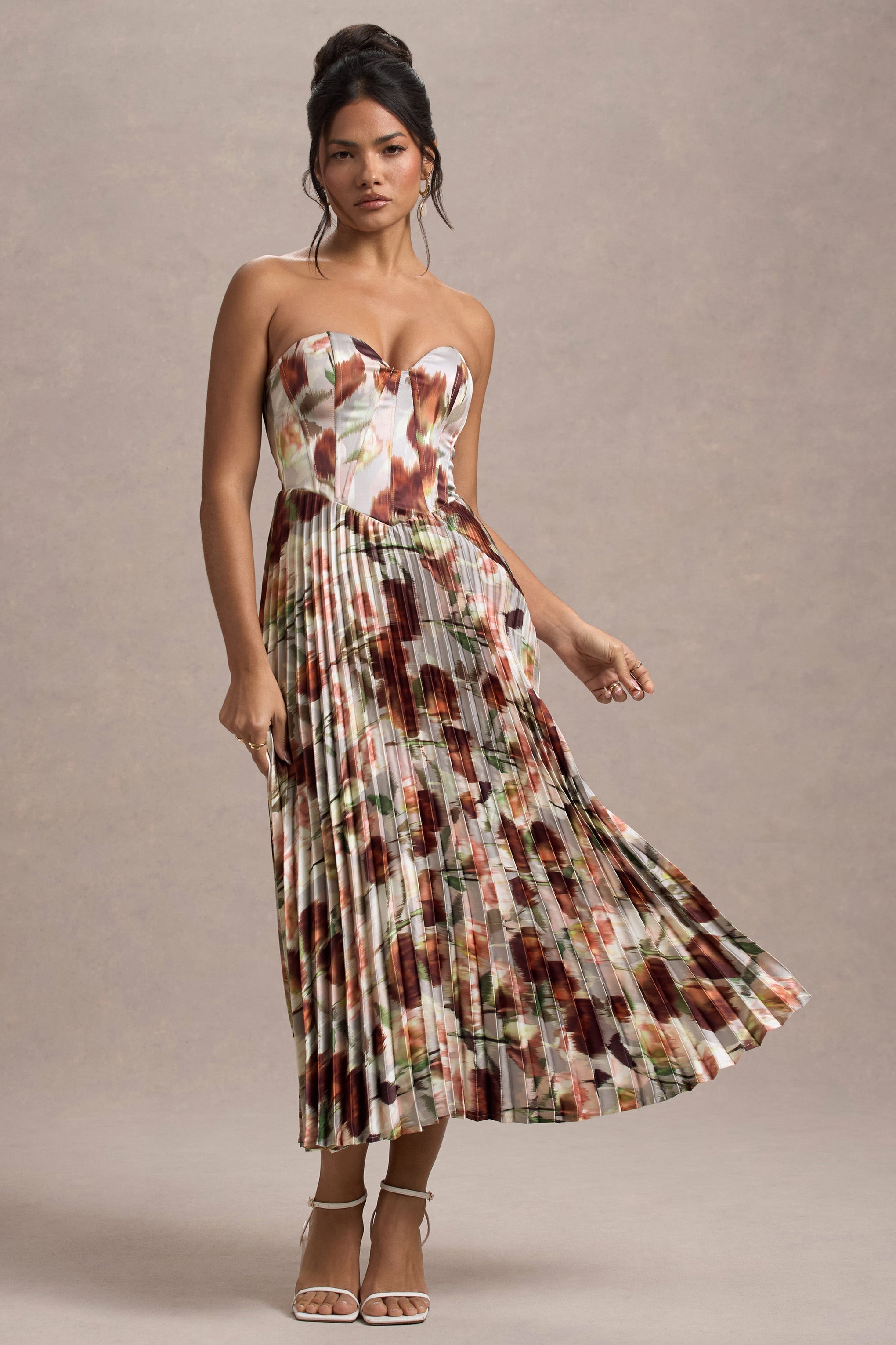 Bordeaux Cream Floral Print Satin Corset Style Midi Dress