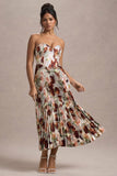 Bordeaux Cream Floral Print Satin Corset Style Midi Dress