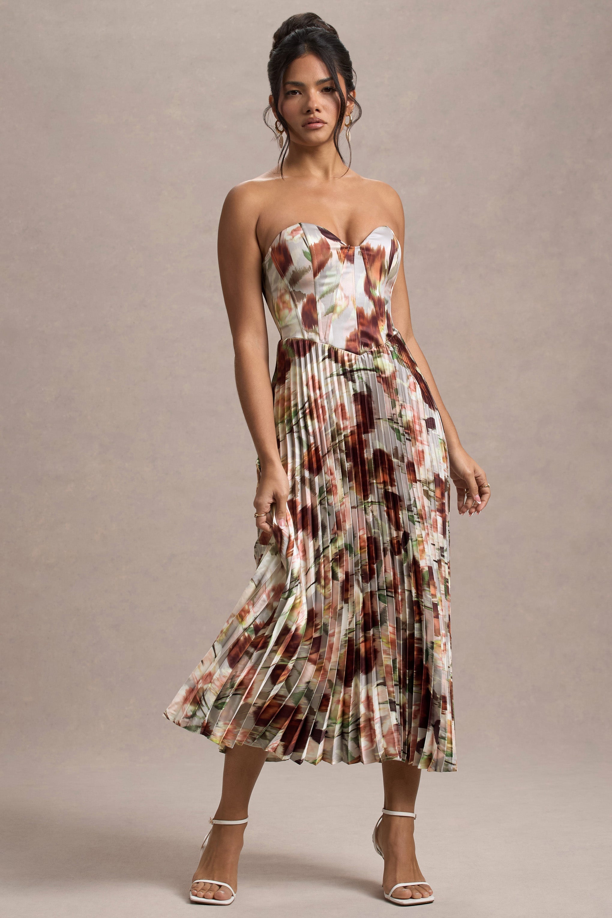 Bordeaux Cream Floral Print Satin Corset Style Midi Dress