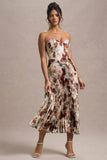 Bordeaux Cream Floral Print Satin Corset Style Midi Dress