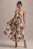 Bordeaux Cream Floral Print Satin Corset Style Midi Dress