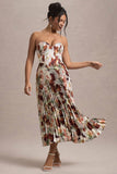 Bordeaux Cream Floral Print Satin Corset Style Midi Dress