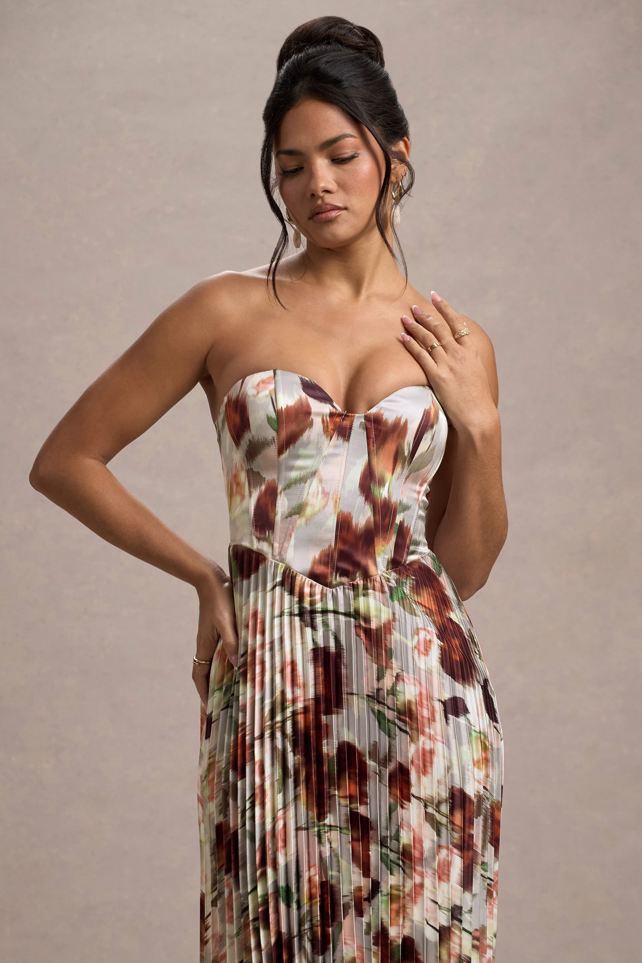 Bordeaux Cream Floral Print Satin Corset Style Midi Dress