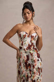 Bordeaux Cream Floral Print Satin Corset Style Midi Dress