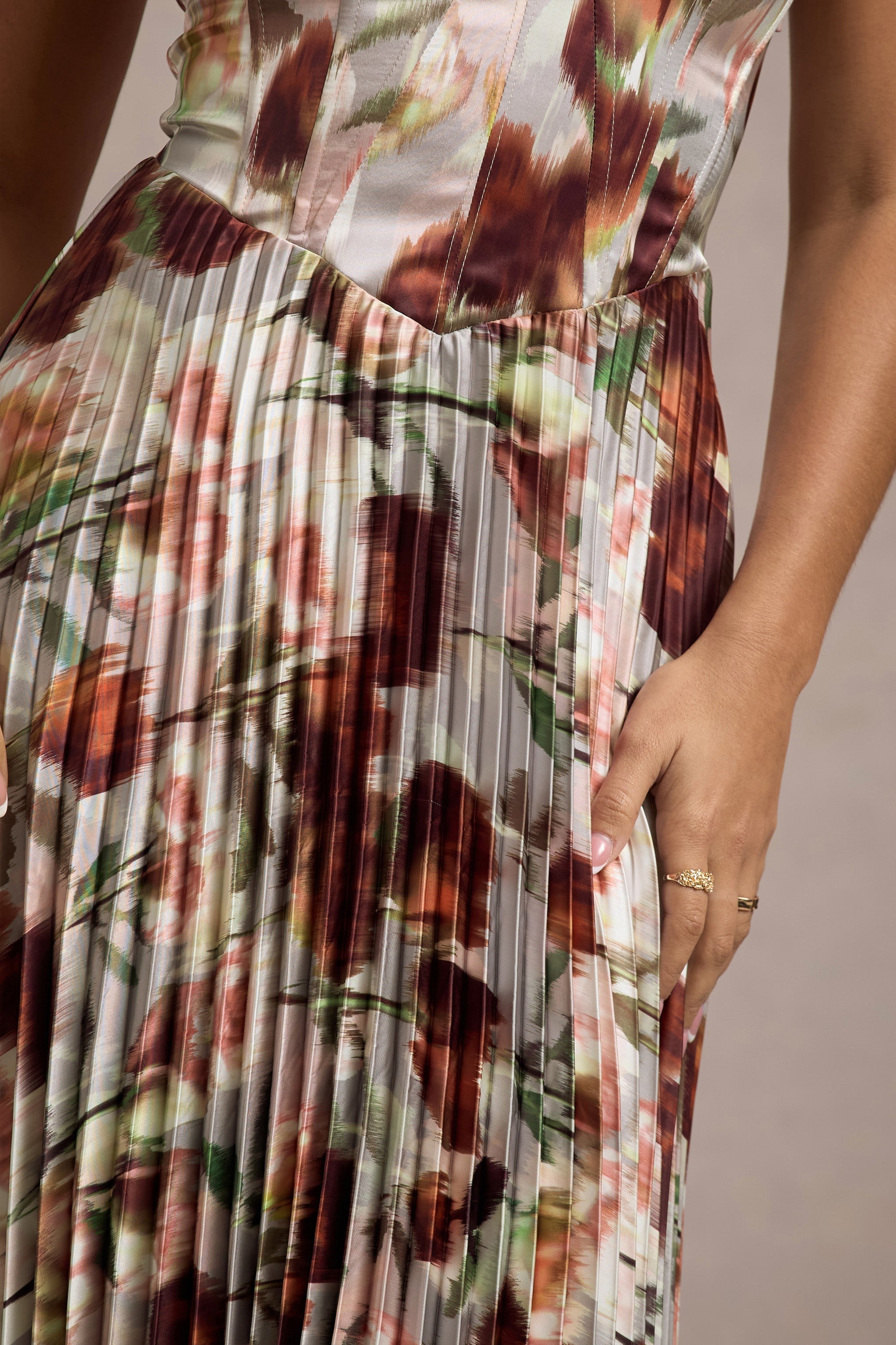 Bordeaux Cream Floral Print Satin Corset Style Midi Dress
