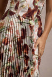 Bordeaux Cream Floral Print Satin Corset Style Midi Dress