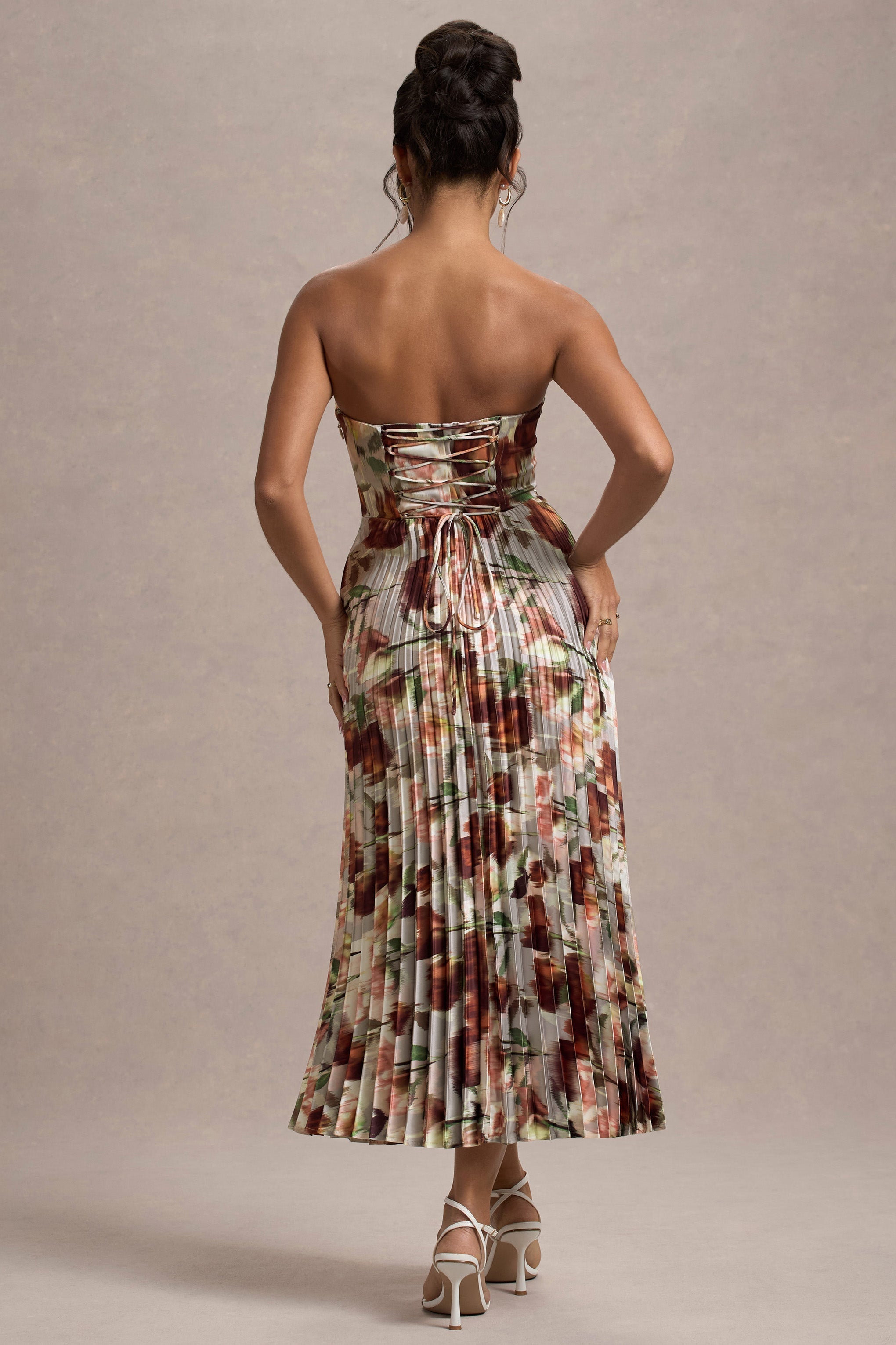 Bordeaux Cream Floral Print Satin Corset Style Midi Dress