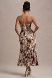 Bordeaux Cream Floral Print Satin Corset Style Midi Dress