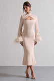 Monroe Champagne Cross Halter-Neck Midi Dress With Feather Cuffs