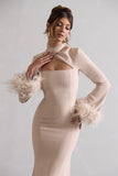 Monroe Champagne Cross Halter-Neck Midi Dress With Feather Cuffs