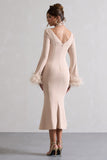 Monroe Champagne Cross Halter-Neck Midi Dress With Feather Cuffs