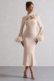 Monroe Champagne Cross Halter-Neck Midi Dress With Feather Cuffs
