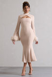 Monroe Champagne Cross Halter-Neck Midi Dress With Feather Cuffs