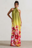 Gloriana Pink and Green Floral Print Satin High-Neck Maxi Dress