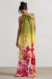 Gloriana Pink and Green Floral Print Satin High-Neck Maxi Dress