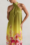 Gloriana Pink and Green Floral Print Satin High-Neck Maxi Dress
