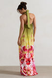 Gloriana Pink and Green Floral Print Satin High-Neck Maxi Dress