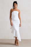 New Age White Strapless Asymmetric Ruffled Maxi Dress