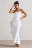 New Age White Strapless Asymmetric Ruffled Maxi Dress