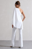 Pristine White One Shoulder Cape Sleeve Flared-Leg Jumpsuit