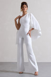 Pristine White One Shoulder Cape Sleeve Flared-Leg Jumpsuit
