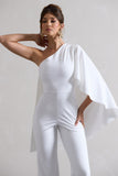 Pristine White One Shoulder Cape Sleeve Flared-Leg Jumpsuit