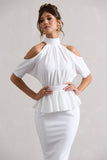Yves White High-Neck Cut-Out Midi Dress With Peplum Waist