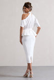 Yves White High-Neck Cut-Out Midi Dress With Peplum Waist