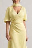 Lisette Lemon Asymmetric Flutter-Sleeve Maxi Dress