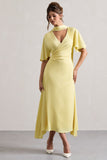 Lisette Lemon Asymmetric Flutter-Sleeve Maxi Dress
