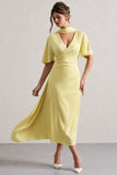 Lisette Lemon Asymmetric Flutter-Sleeve Maxi Dress