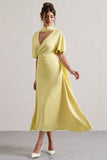 Lisette Lemon Asymmetric Flutter-Sleeve Maxi Dress