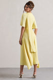 Lisette Lemon Asymmetric Flutter-Sleeve Maxi Dress