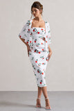 Bonita Rose Print Cape-Sleeve Midi Dress