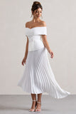 Hattie White Bardot Tailored Midi Dress With Plisse Skirt