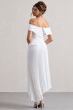 Hattie White Bardot Tailored Midi Dress With Plisse Skirt