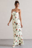 Azra Rose Print Satin Bandeau Maxi Dress