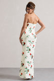 Azra Rose Print Satin Bandeau Maxi Dress