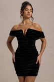 Little Glint Black Velvet Ruched Bardot V-Neck Mini Dress