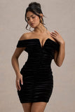 Little Glint Black Velvet Ruched Bardot V-Neck Mini Dress