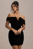 Little Glint Black Velvet Ruched Bardot V-Neck Mini Dress