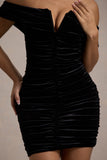 Little Glint Black Velvet Ruched Bardot V-Neck Mini Dress